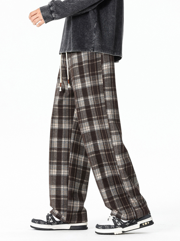 Pantaloni casual bărbați cu carouri, croială lejeră, țesătură stretch, talie medie, închidere cu șiret, toamnă