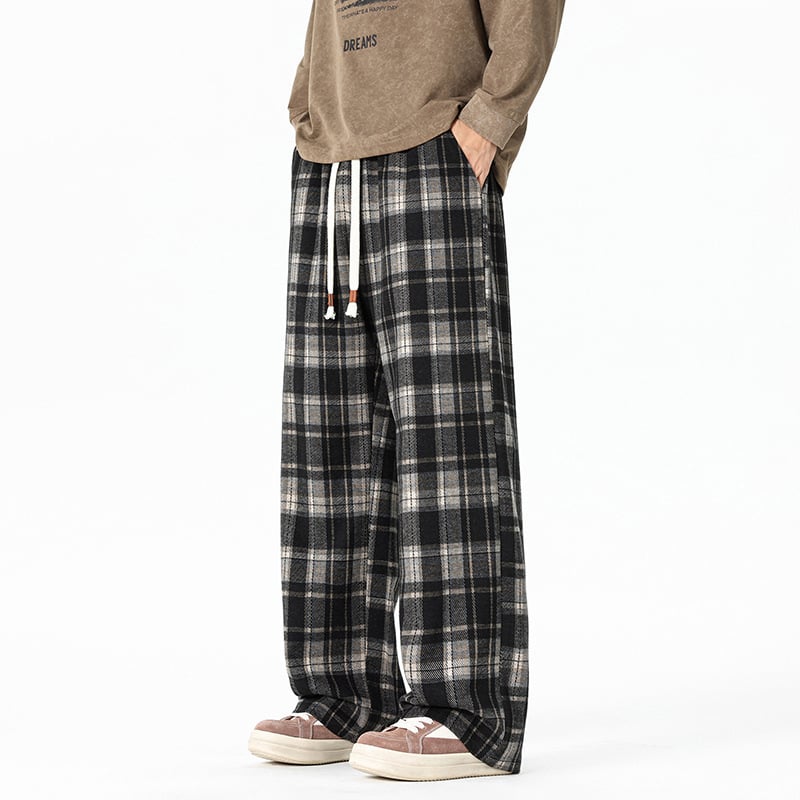 Pantaloni casual bărbați cu carouri, croială lejeră, țesătură stretch, talie medie, închidere cu șiret, toamnă