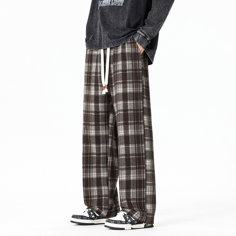 Pantaloni casual bărbați cu carouri, croială lejeră, țesătură stretch, talie medie, închidere cu șiret, toamnă