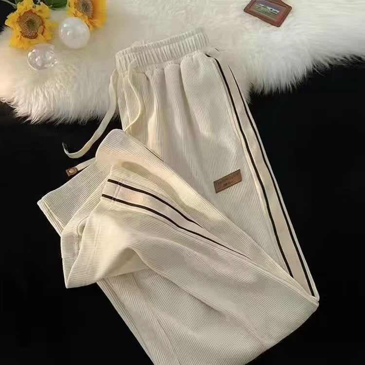 Pantaloni sport casual bărbați corduroy, croială dreaptă, talie medie, model cu dungi, închidere cu șnur