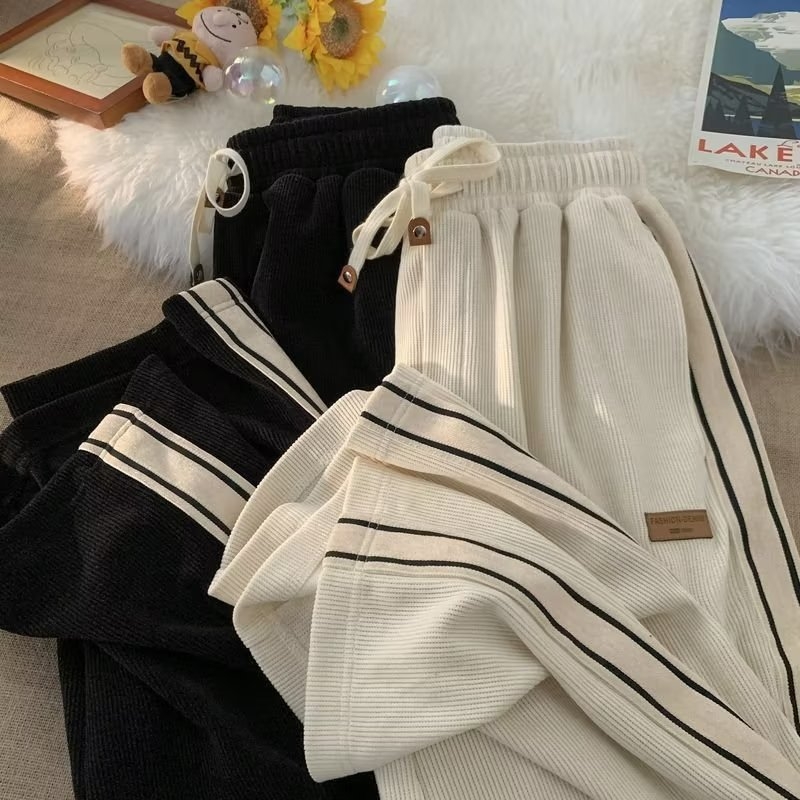 Pantaloni sport casual bărbați corduroy, croială dreaptă, talie medie, model cu dungi, închidere cu șnur