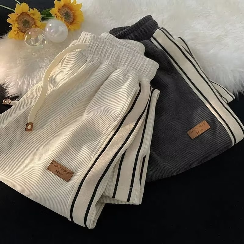 Pantaloni sport casual bărbați corduroy, croială dreaptă, talie medie, model cu dungi, închidere cu șnur