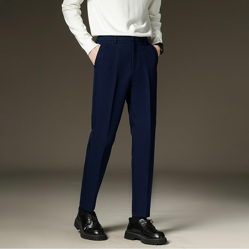 Pantaloni bărbați pentru business casual, croială conică, talie medie, fermoar frontal, amestec poliester-elastan 95%, model solid, primăvară-toamnă