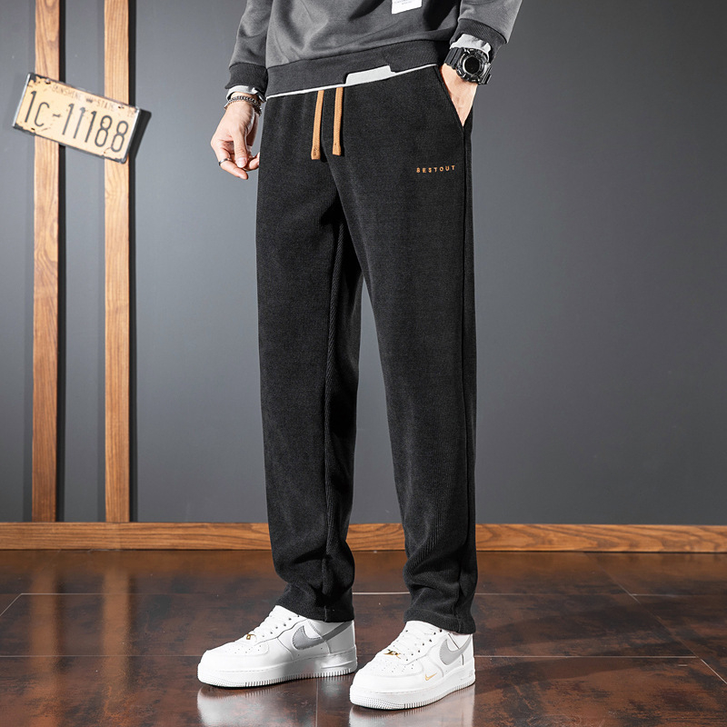 Pantaloni sport casual pentru bărbați, stil japonez retro, croială dreaptă, talie medie, închidere cu șnur, căptușeală fleece, poliester