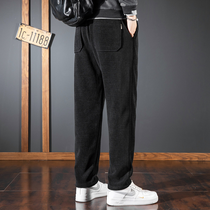 Pantaloni sport casual pentru bărbați, stil japonez retro, croială dreaptă, talie medie, închidere cu șnur, căptușeală fleece, poliester