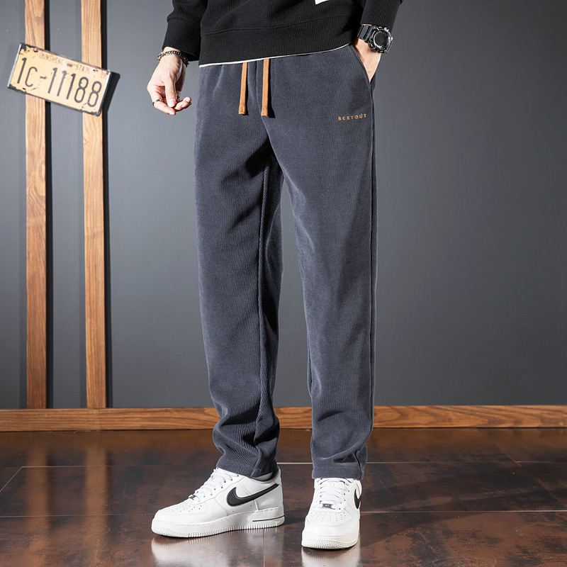 Pantaloni sport casual pentru bărbați, stil japonez retro, croială dreaptă, talie medie, închidere cu șnur, căptușeală fleece, poliester