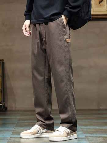 Pantaloni casual pentru bărbați – croială lejeră, picior drept, talie medie, 100% bumbac, închidere cu șnur, primăvară/toamnă