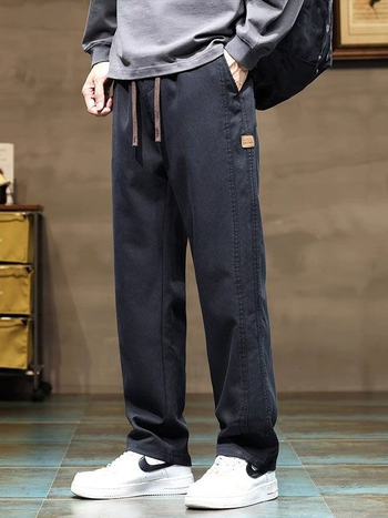 Pantaloni casual pentru bărbați – croială lejeră, picior drept, talie medie, 100% bumbac, închidere cu șnur, primăvară/toamnă