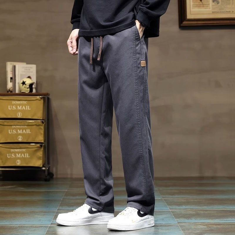 Pantaloni casual pentru bărbați – croială lejeră, picior drept, talie medie, 100% bumbac, închidere cu șnur, primăvară/toamnă