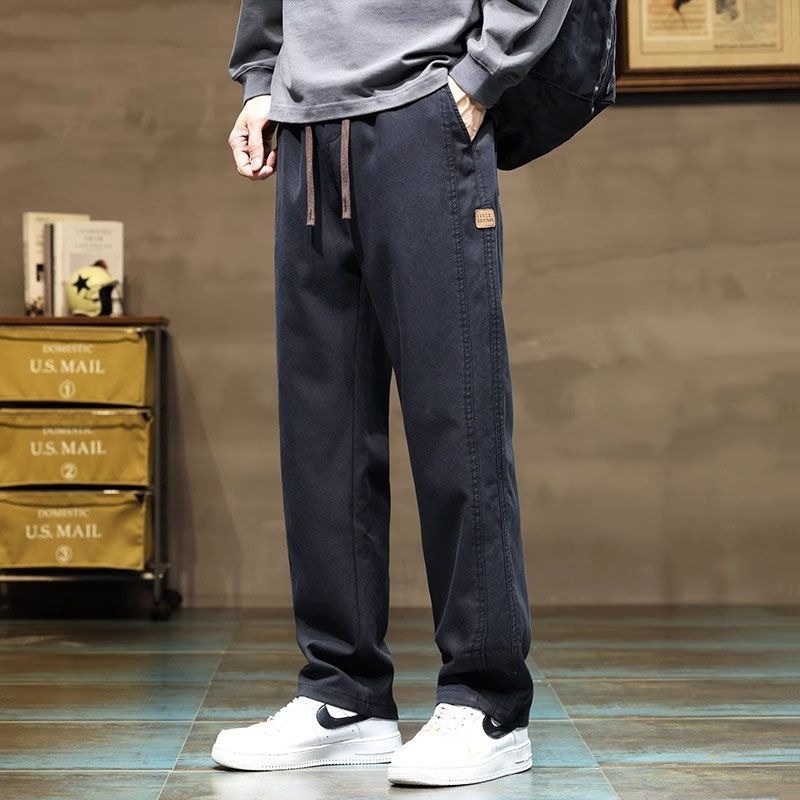 Pantaloni casual pentru bărbați – croială lejeră, picior drept, talie medie, 100% bumbac, închidere cu șnur, primăvară/toamnă