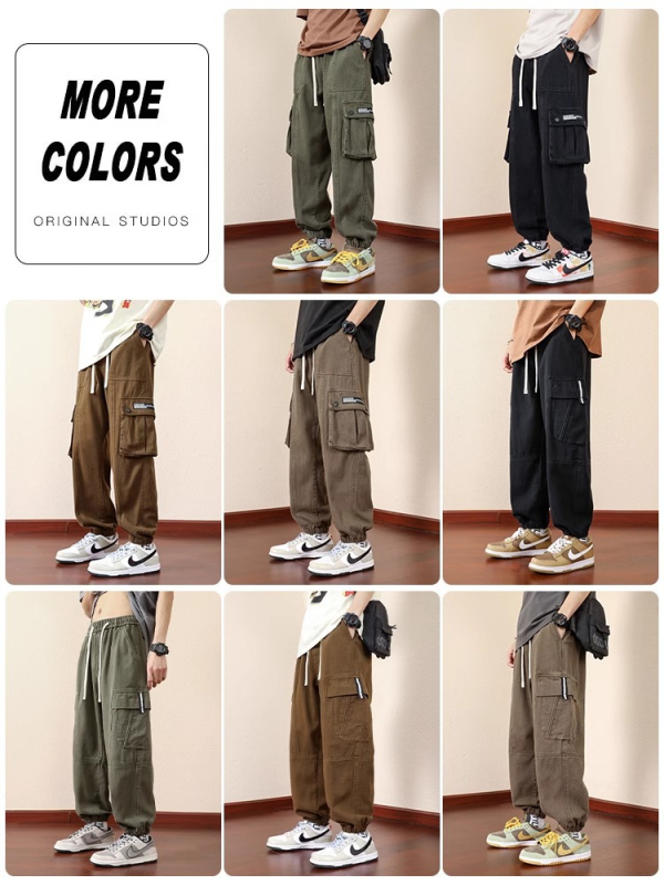 Pantaloni cargo pentru bărbați, croială relaxată, bumbac, închidere cu șiret, buzunare decorative, primăvară-toamnă