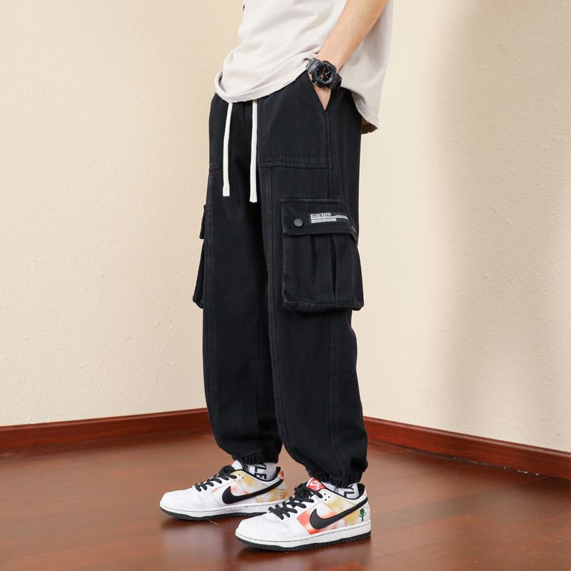 Pantaloni cargo pentru bărbați, croială relaxată, bumbac, închidere cu șiret, buzunare decorative, primăvară-toamnă