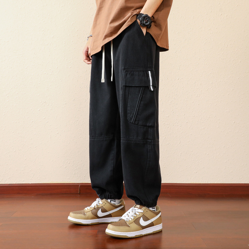 Pantaloni cargo pentru bărbați, croială relaxată, bumbac, închidere cu șiret, buzunare decorative, primăvară-toamnă