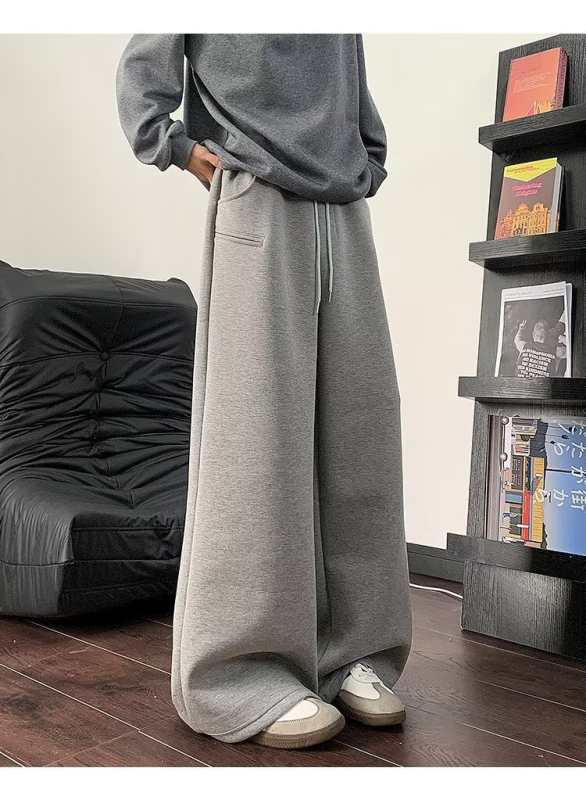 Férfi fleece-béléssel bélés széles lábú nadrág, középmagas derék, kötős zárás, vastag pamut anyag