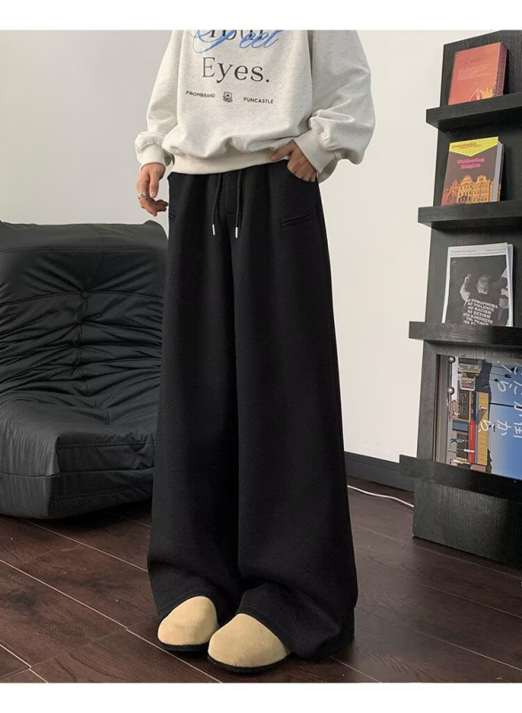 Férfi fleece-béléssel bélés széles lábú nadrág, középmagas derék, kötős zárás, vastag pamut anyag