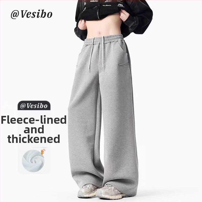 Férfi fleece-béléssel bélés széles lábú nadrág, középmagas derék, kötős zárás, vastag pamut anyag