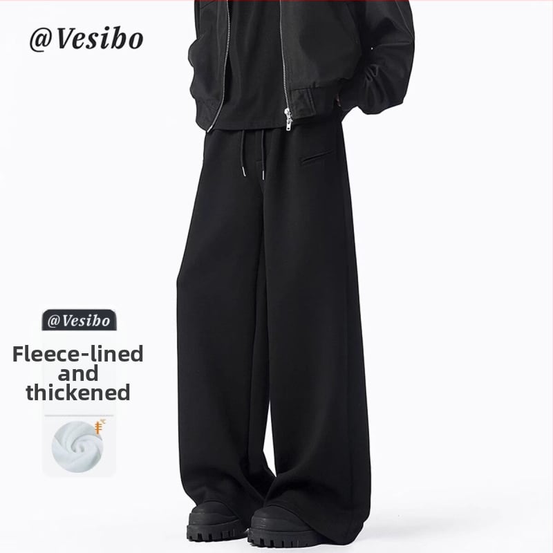 Férfi fleece-béléssel bélés széles lábú nadrág, középmagas derék, kötős zárás, vastag pamut anyag