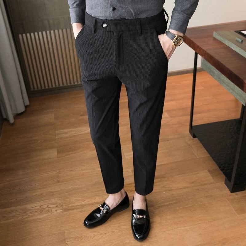 Férfi egyenes szabású nadrág, magas derék, mikroelasztikus, tavasz