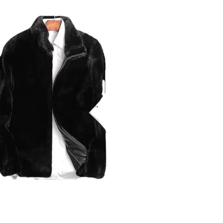 Férfi nyérc szőrme kabát kapucnival, középhosszú, laza szabás, cipzáras zárás, valódi szőrzet