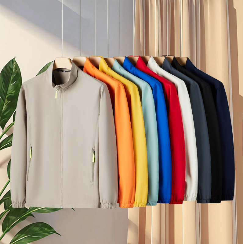 Férfi vékony állógalléros dzseki cipzárral, poliészter-mix, lélegző, gyorsan száradó, UV-védelem, nyomtatás, szabad szabású, nyári viselet