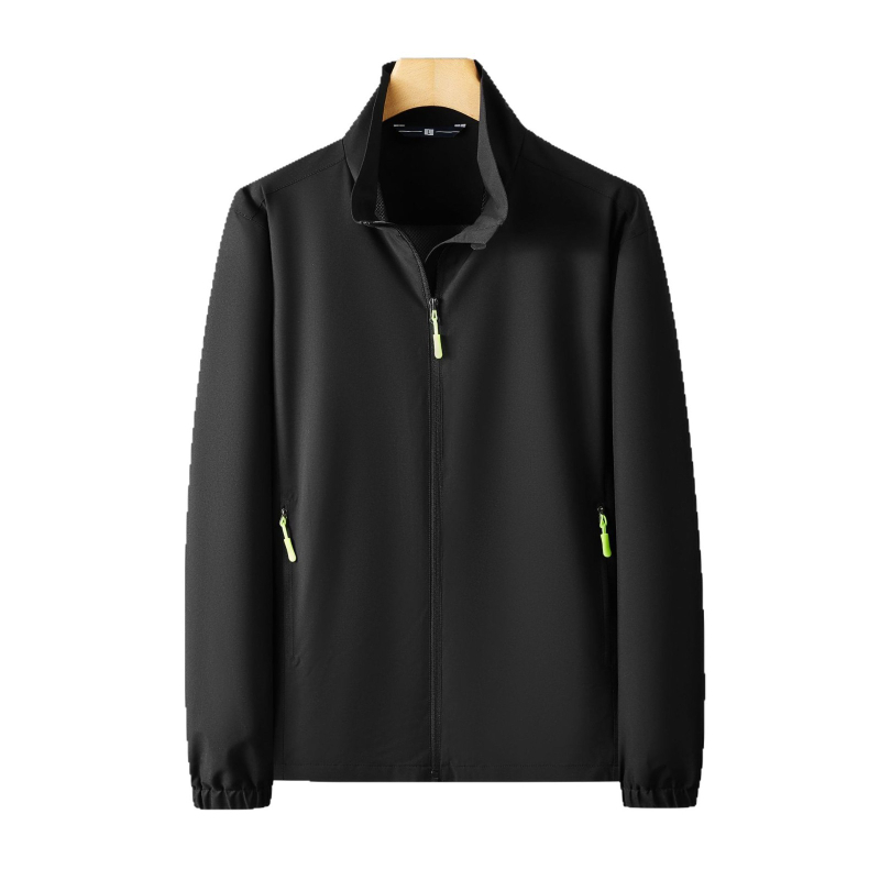 Férfi vékony állógalléros dzseki cipzárral, poliészter-mix, lélegző, gyorsan száradó, UV-védelem, nyomtatás, szabad szabású, nyári viselet