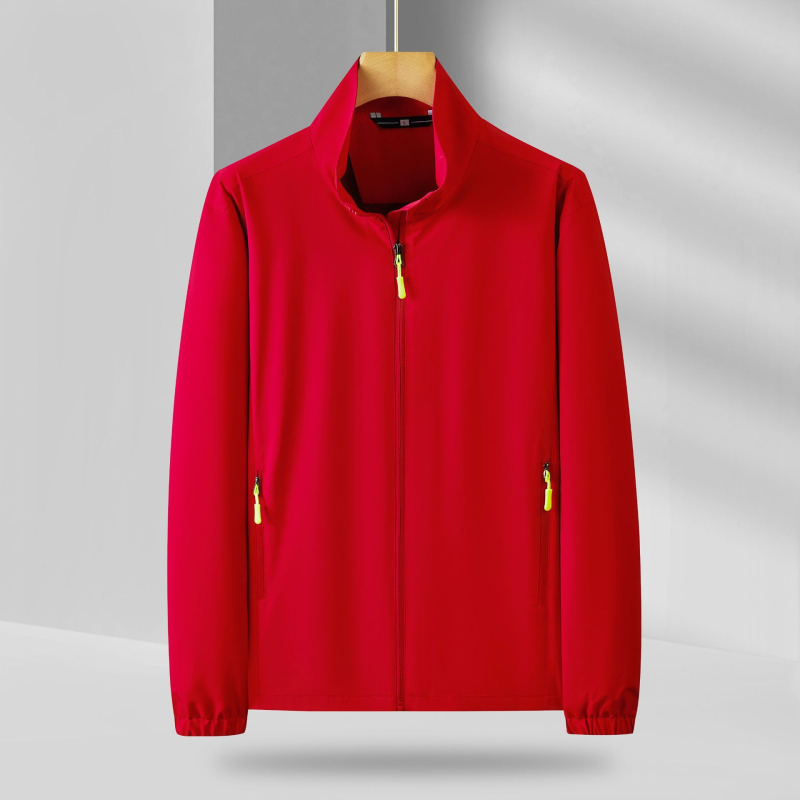 Férfi vékony állógalléros dzseki cipzárral, poliészter-mix, lélegző, gyorsan száradó, UV-védelem, nyomtatás, szabad szabású, nyári viselet