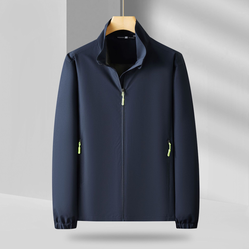 Férfi vékony állógalléros dzseki cipzárral, poliészter-mix, lélegző, gyorsan száradó, UV-védelem, nyomtatás, szabad szabású, nyári viselet