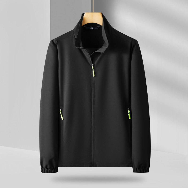 Férfi vékony állógalléros dzseki cipzárral, poliészter-mix, lélegző, gyorsan száradó, UV-védelem, nyomtatás, szabad szabású, nyári viselet