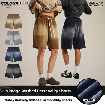 Vīriešu šorti no 100% kokvilnas, brīvās piegriezums, spray-dye mazgāšanas efekts retro izskatam, elastīgā josta (Pavasaris 2025)