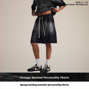 Vīriešu šorti no 100% kokvilnas, brīvās piegriezums, spray-dye mazgāšanas efekts retro izskatam, elastīgā josta (Pavasaris 2025)