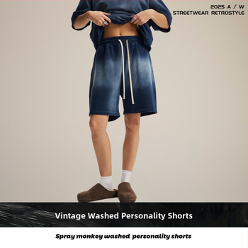 Vīriešu šorti no 100% kokvilnas, brīvās piegriezums, spray-dye mazgāšanas efekts retro izskatam, elastīgā josta (Pavasaris 2025)