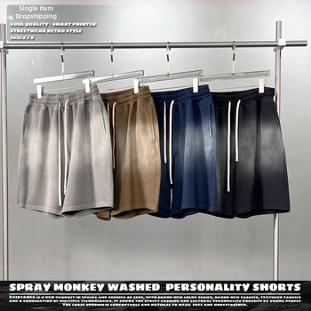Vīriešu šorti no 100% kokvilnas, brīvās piegriezums, spray-dye mazgāšanas efekts retro izskatam, elastīgā josta (Pavasaris 2025)
