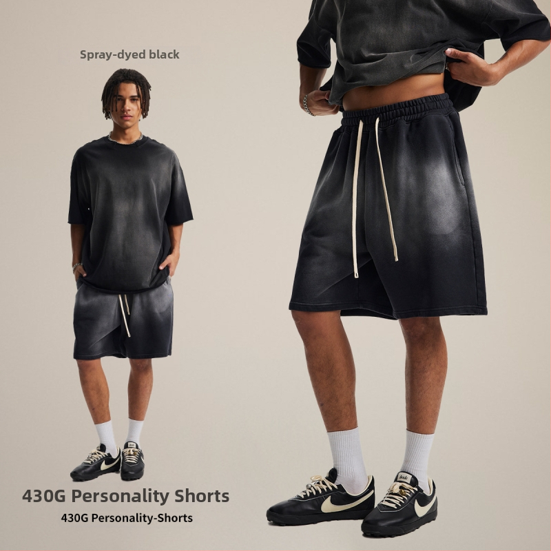 Vīriešu šorti no 100% kokvilnas, brīvās piegriezums, spray-dye mazgāšanas efekts retro izskatam, elastīgā josta (Pavasaris 2025)