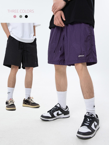 Мъжки найлонови спортни къси панталони, свободен силует, средна талия, връзка за пристягане, лято