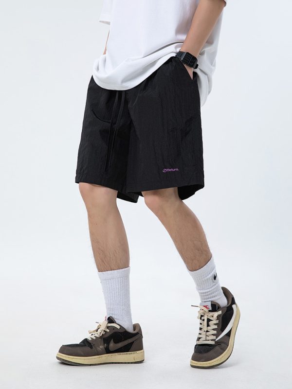 Мъжки найлонови спортни къси панталони, свободен силует, средна талия, връзка за пристягане, лято