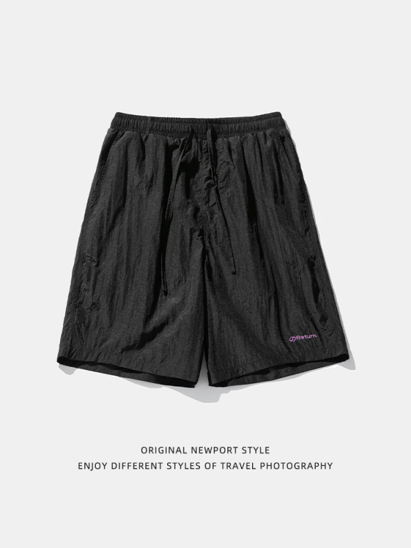 Мъжки найлонови спортни къси панталони, свободен силует, средна талия, връзка за пристягане, лято