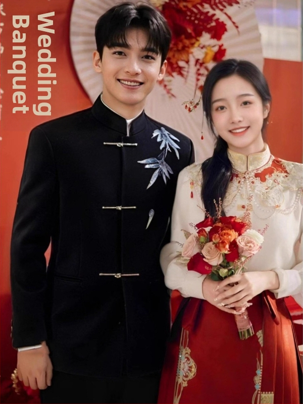 Vyrų kinų stiliaus kostiumas su stovinčia apykakle — laisvas kirpimas; vienos eilės trijų sagčių; pagrindinis audinys 100% poliesteris; pamušalas poliesteris; pavasario-rudens sezonas