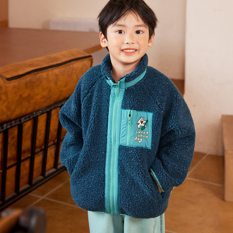 Detské zimné sako so stojacim golierom, zipsom, hrubé tkaniny, karikatúrny vzor
