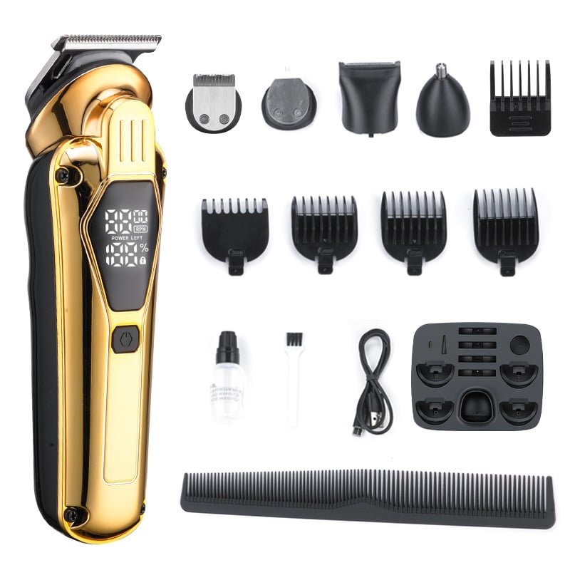 Mașină electrică de tuns păr, set 5-în-1, reîncărcabilă, lame din oțel inoxidabil (baterie încorporată 500–800 mAh, autonomie 1–3 h, zgomot 46–70 dB)