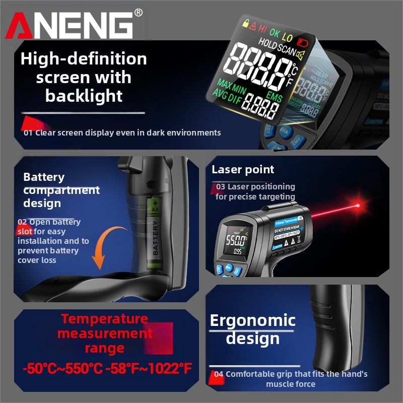 ANENG infrasarkanais termometrs industriālai lietošanai — 0,5 s reakcijas laiks, AA baterija