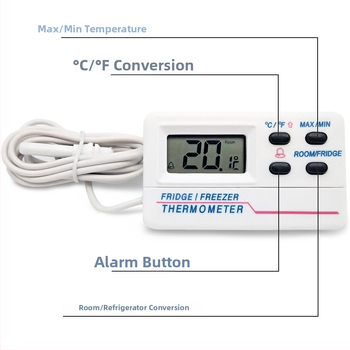 Šaldytuvo termometras su dvejais temperatūros įspėjimo funkcija (viduje ir lauke), 0,1°C raiška, tikslumas 1.0, AAA 1.5V keičiamą bateriją