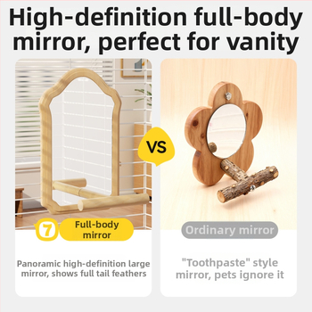 Papūgos veidrodžio žaislas su mediniu stovu (Anti evazijos dizainas, Be ritinių, Paukščiams)