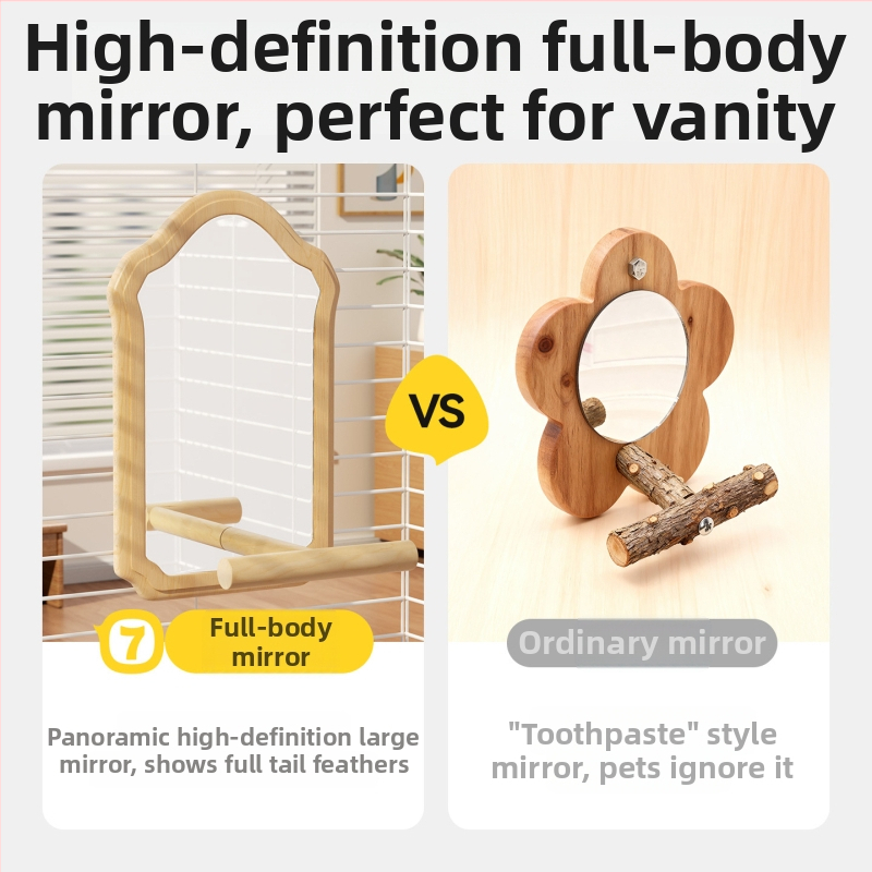 Papūgos veidrodžio žaislas su mediniu stovu (Anti evazijos dizainas, Be ritinių, Paukščiams)