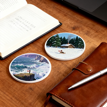 Diatomitų padėkliukai stiklinėms su peizažų motyvu, apvalūs, sugeria vandenį, greitai džiūsta, neslidūs, su individualiu logotipu