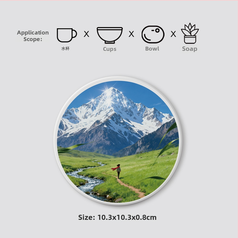 Diatomitų padėkliukai stiklinėms su peizažų motyvu, apvalūs, sugeria vandenį, greitai džiūsta, neslidūs, su individualiu logotipu