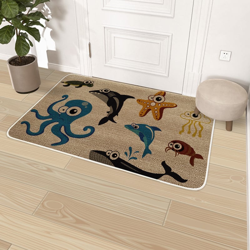 Квадратен ленен килим за вход и кухня, анимационен дизайн, неслизаща гумена подметка, абсорбиращ вода, машинно пране