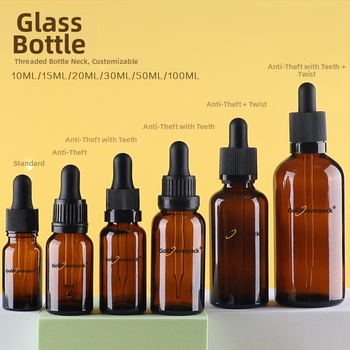 Pritaikytas stiklinis kosmetikos buteliukas su anti-vagystės lašintuvu, 18/410 kaklelis, spauda ir elektroplatinimas, skirta grožio pakuotei