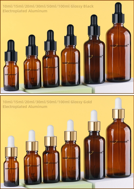 Pritaikytas stiklinis kosmetikos buteliukas su anti-vagystės lašintuvu, 18/410 kaklelis, spauda ir elektroplatinimas, skirta grožio pakuotei