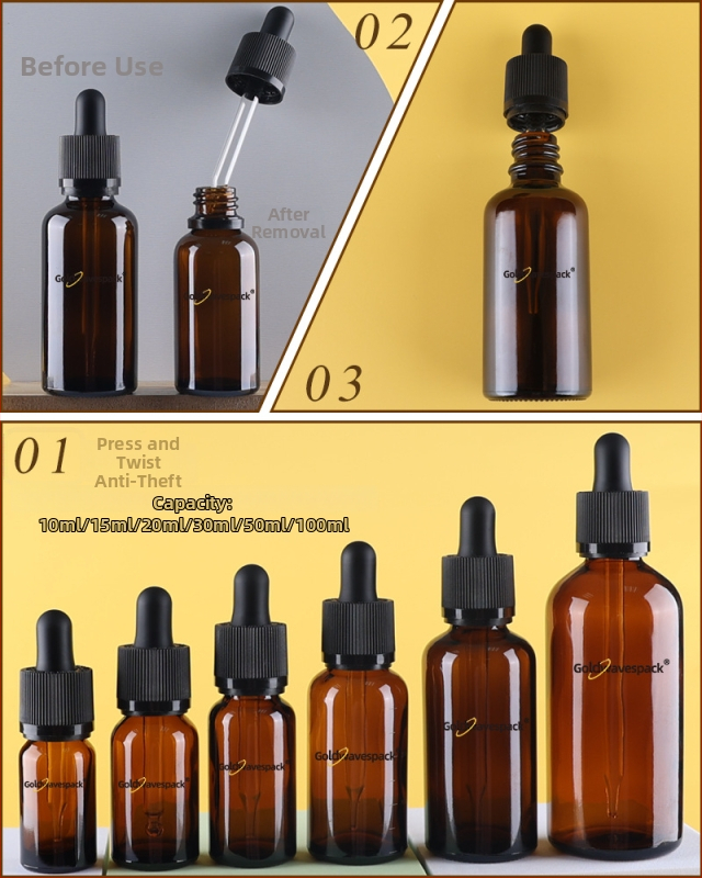 Pritaikytas stiklinis kosmetikos buteliukas su anti-vagystės lašintuvu, 18/410 kaklelis, spauda ir elektroplatinimas, skirta grožio pakuotei