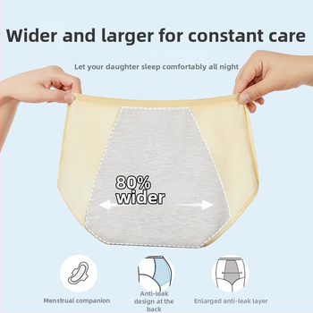 Mėnesinių apatiniai paauglėms – karikatūrų raštas, pagrindinis audinys: medvilnė 46%, kirkšnies įdaila 5% spandekso, vidutinio aukščio liemuo, skirtas 13–18 metų mergaitėms